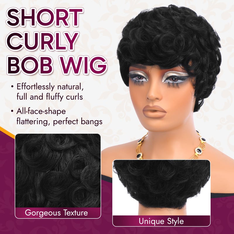 RUWISS Pixie Cut Wig Human Hair Curly Short Pixie Wigs for Black Women Glueless Human Hair Wig with Bangs for Daily Use Natural Short Bob Layered Wavy Human Hair Wigs for Black Women (Natural Black) - Image 3